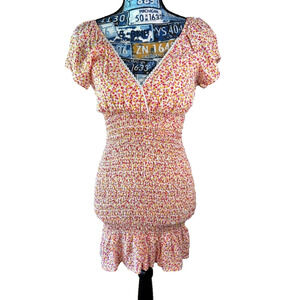 No Boundries Pink/Yellow/White Floral Smocked Short Sleeve Dress Size M